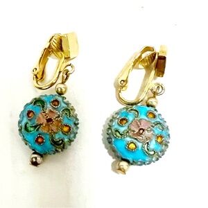 Vintage Turquoise Enamel Cloisonné Gold plated Dangle Earring